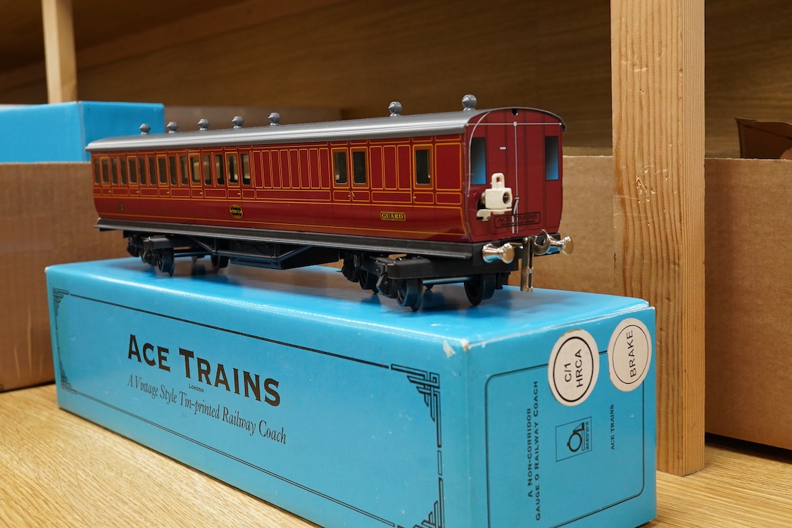 Four ACE Trains 0 gauge tinplate coaches; a boxed C/1 HRCA Brake Second, two boxed C/3 coach kits - a 3/3rd and a 3rd Brk., together with an unboxed LMS First Third composite